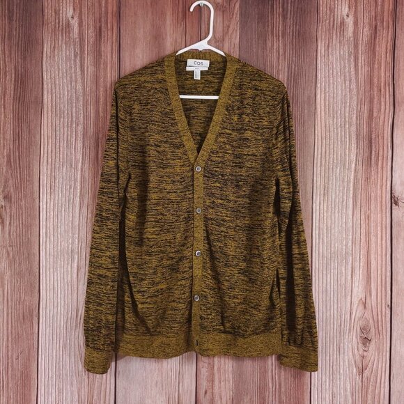 COS Other - COS Mens Large Slim Fit V-Neck Cardigan Silk Blend Mustard Yellow Black Marl